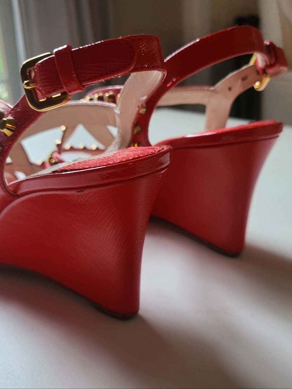 PRADA *EUC* Red Patent Leather Gold Studded Strappy Wedge Sandal 36.5 - Picture 3 of 8